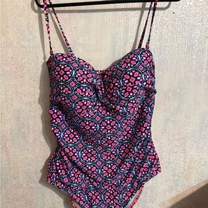 Catalina Pink and Blue Patterned Ruching On Sides One Piece Swimsuit, Sz 16-18